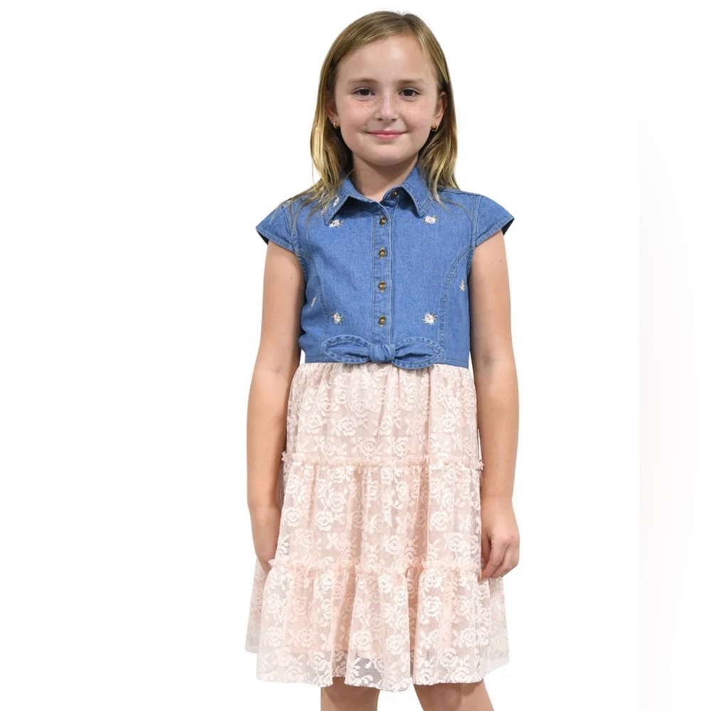 NWT Zunie  Girls Floral Denim Dress Size M